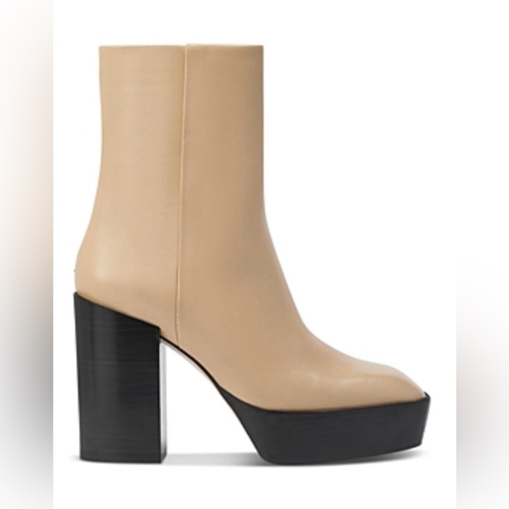 Aeyde Berlin Square Toe High Heel Leather Platform Booties in Latte - NWT
